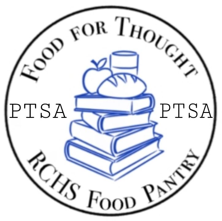 Circular logo with "Food for Thought" and "RCHS Food Pantry," featuring a stack of books with an apple, bread, and a can on t